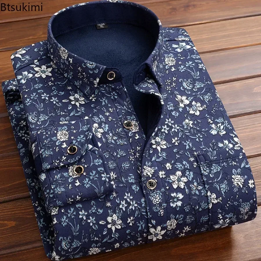 Autumn Winter New Men\'s Clothing Fashion Retro Casual Business Long Sleeve Lapel Shirts Fleece Thicked Warm Man Print Shirt Tops