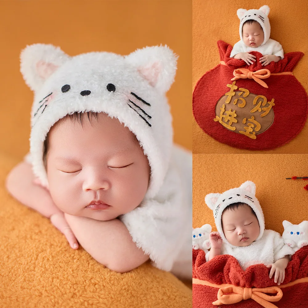 Lucky Theme Newborn Photography Props Plush Cat Baby Costumes Photo Background with Red Fortune Bag Pocket Studio Shoot Supplies