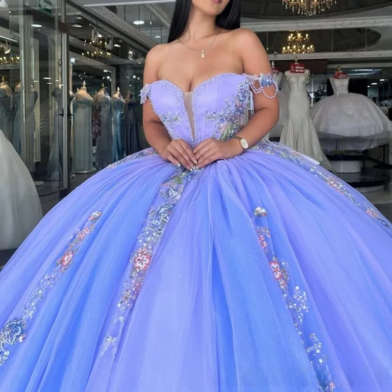 

lavender Quinceanera Dress Lace glitter decal 3D flower Long tail vestidos de 15 Quinceanera ﻿Customized