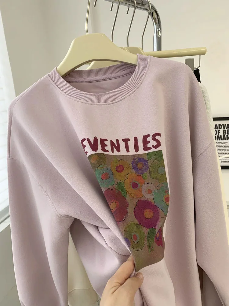 

Women Autumn Flower Print Hoodies O-Neck Long Sleeve Fashion Letter Print Pullovers New Clothes Women Cotton Tops Sweatershirt