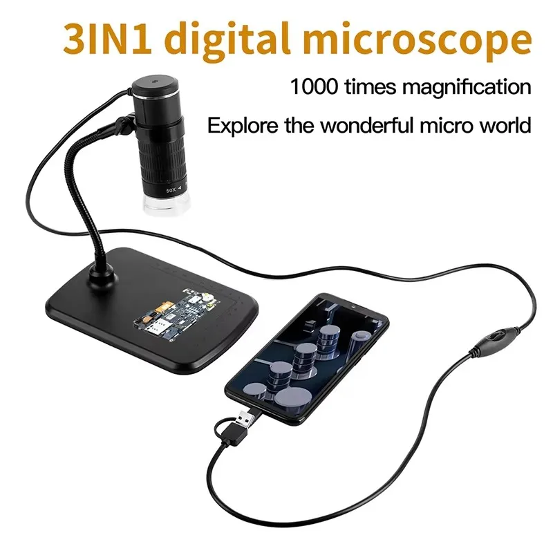 1000X 3 in 1 USB Digital Microscope Type-C Electronic Microscope Camera with Adsjuatable Stand For Android Type-C Windows