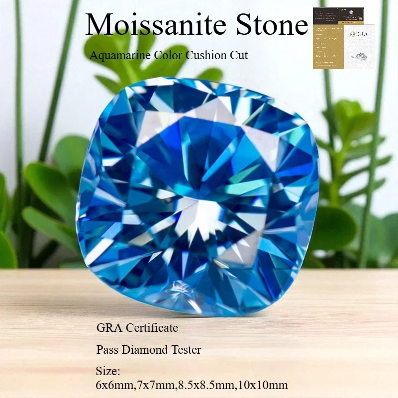 

Aquamarine Color Moissanite Stone Cushion Cut Loose Gemstone For Charms Woman DIY Jewelry Making GRA Certificate