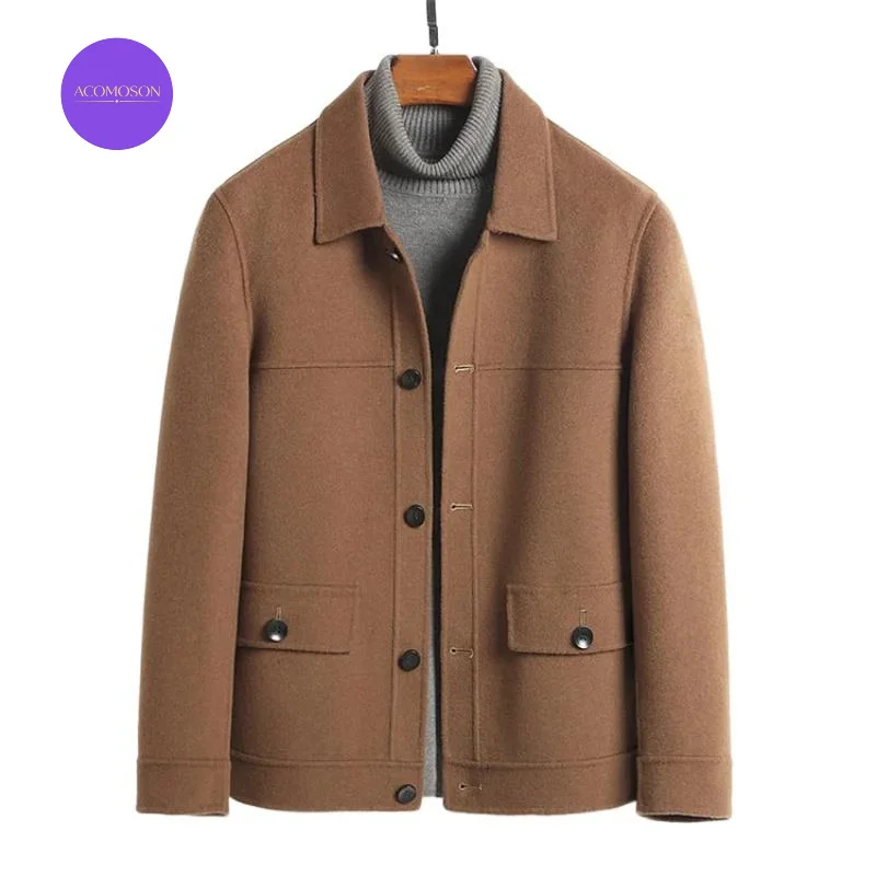 ACOMOSON Luxury Quality EU US Size Men Wool Coat Double-Sided Autumn Winter Button Up 2 Lower Pockets Plush Car Coat