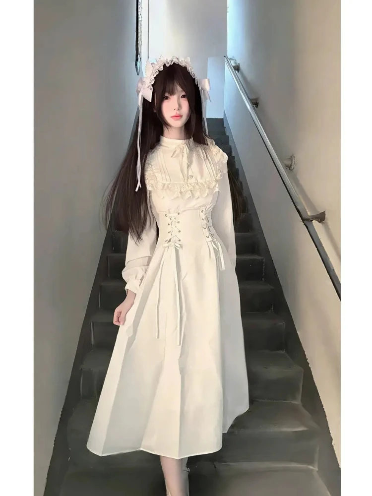 2025 ฤดูใบไม้ผลิคอเต่าสีขาว Midi ชุดผู้หญิงแขนยาวภาษาฝรั่งเศสคํา Elegant One Piece ชุดเกาหลีแฟชั่น Y2k ออกแบบเสื้อผ้า