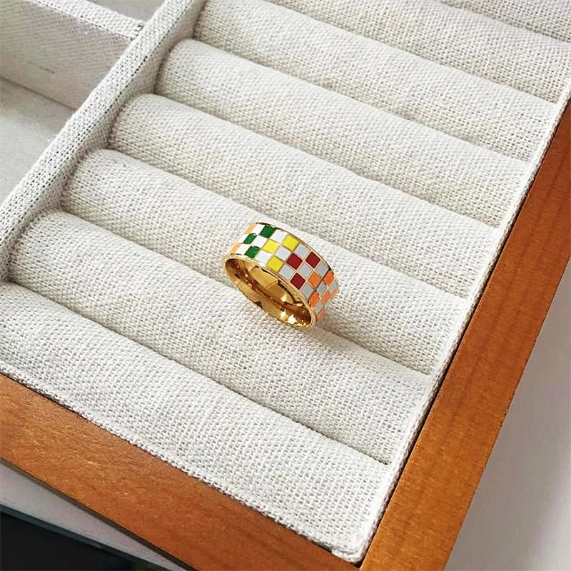 Waterproof Colorful Enamel Plaid Rings For Women Stainless Steel Finger Ring 2023 Trend Femme Aesthetic Jewelry anillos mujer