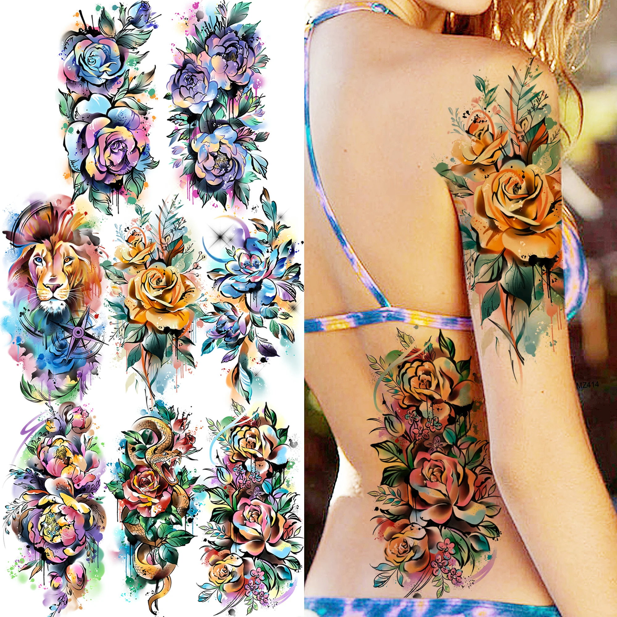 

1 Sheet Sexy Watercolor Flower Peony Temporary Tattoos For Women Fake Lion Snake Flora Tattoo Sticker Transferable Self Adhesive