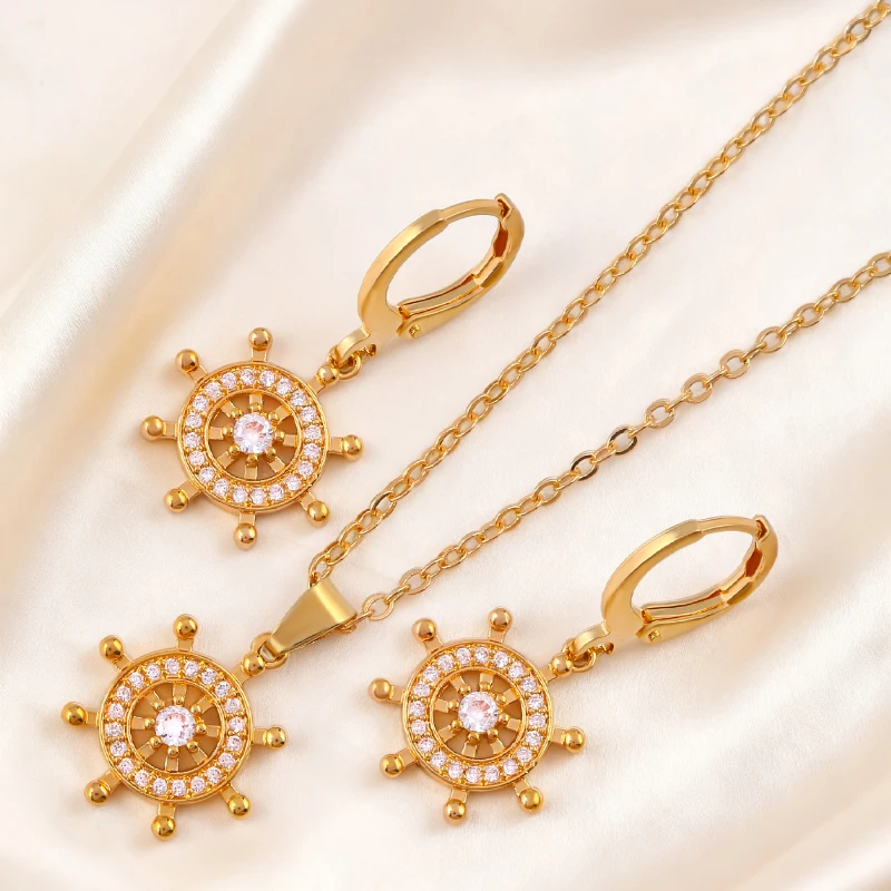 Gold Rudder Diamond-Encrusted Set, European and American Retro Nautical Style Necklace and Earrings Two-Piece Set, Unique and Elegant Party Jewelry