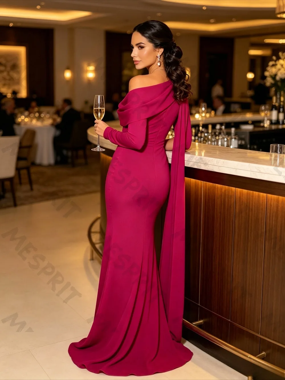 Customized Elegant Slanted Shoulder Mermaid Evening Gowns with Long Sleeves Ribbons Pleats Trailing Formal Banquet Party Dresses