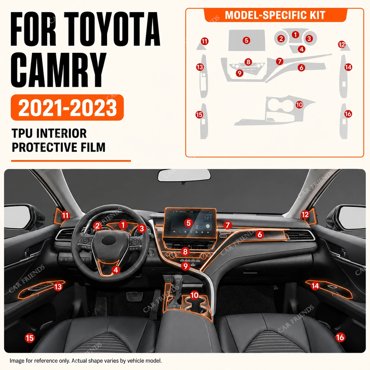 For Toyota Camry 2021-2023 LHD 10.1in Clear TPU Interior Protective Film Center Console Navigation Screen Dash Door Window Gear