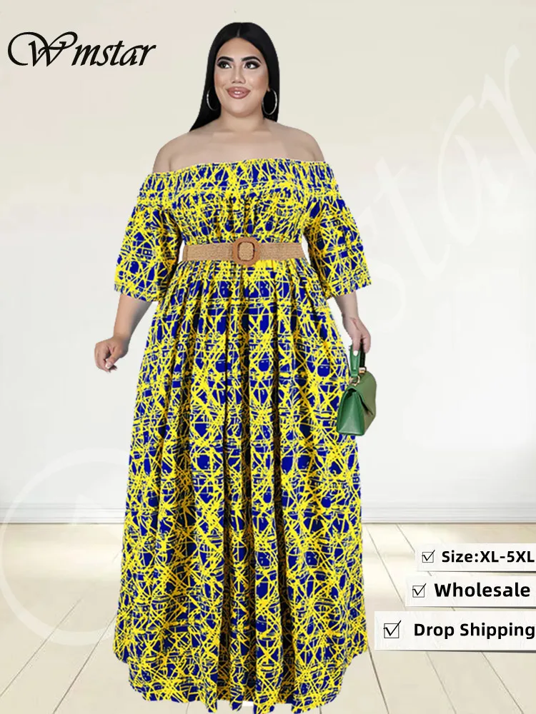 Wmstar Plus Size Dress Women 5xl Off Shoulder Flower Print Elastic Waist Party Pleated Maxi Dress Summer Wholesale Dropshipping