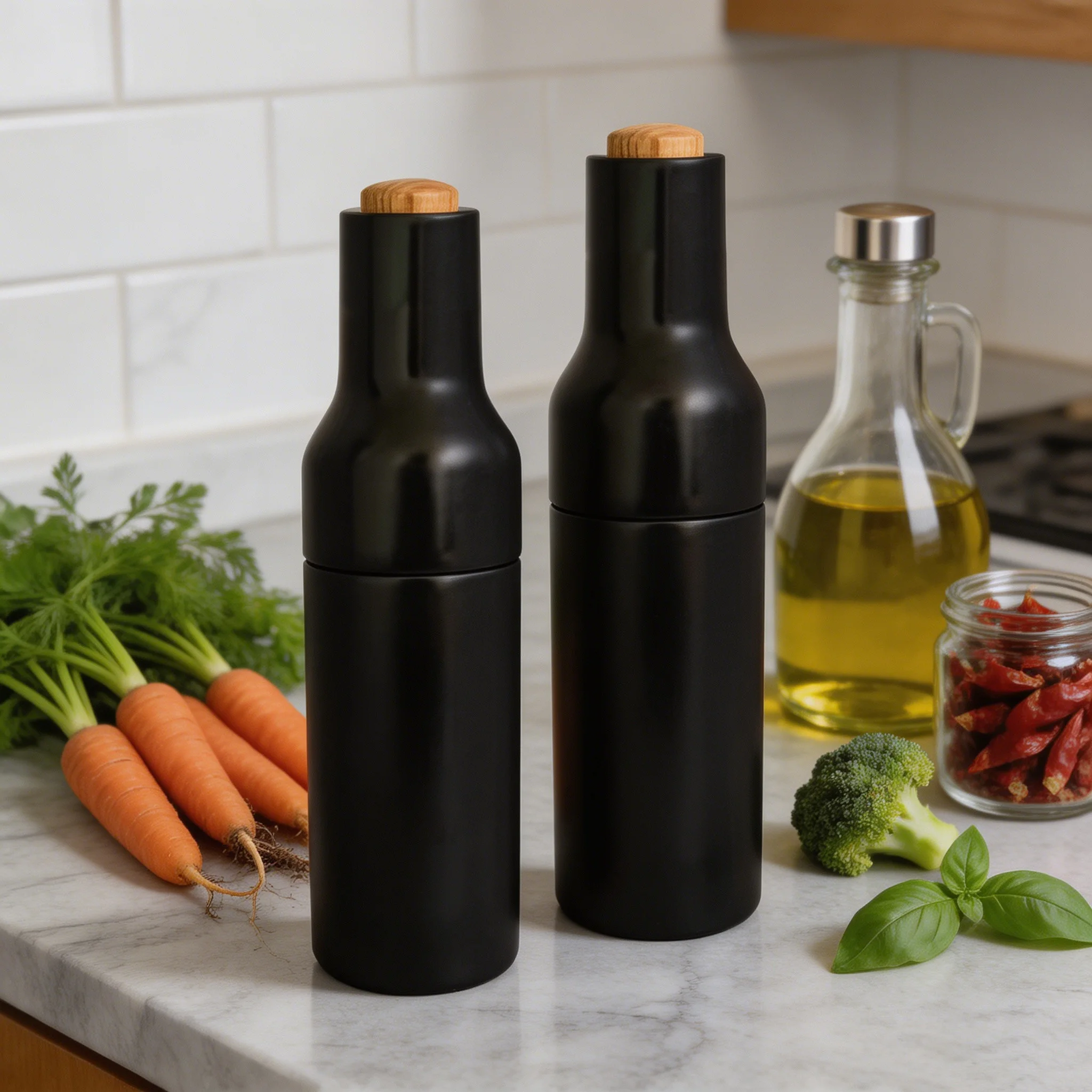 Hot Sale Wine Bottle Shaped Ceramic Eco-Friendly Black Wooden Salt and Pepper Grinder Mill Set