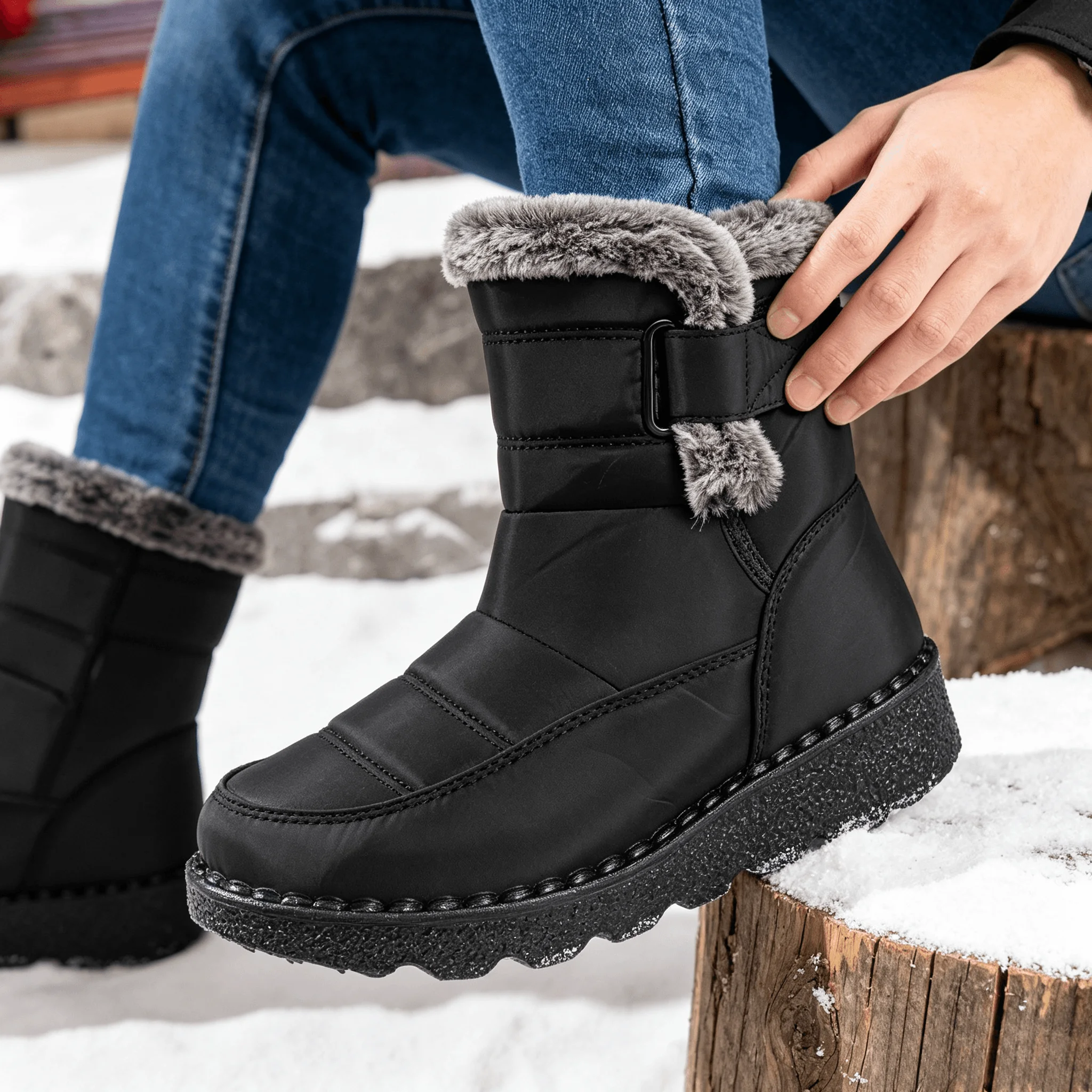 Damen Winter Pelzige Plateau-Schneestiefel 2026 Trend Wadenlange Winterstiefel Wasserdicht Rutschfest mit Schnalle Warm Flauschig Outdoor – Detail 6