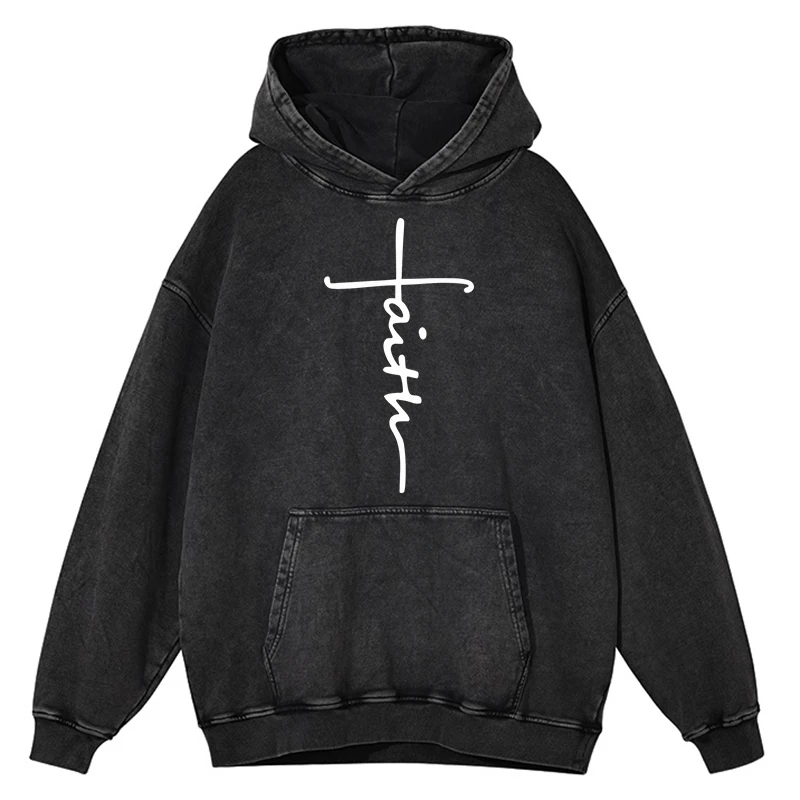 Retro Distressed Wash Cross Faith Are Letter Hoodie Men Warm Clothes Loose 100% Cotton Autumn Sweatshirt Hip Hop Pullover Hoody