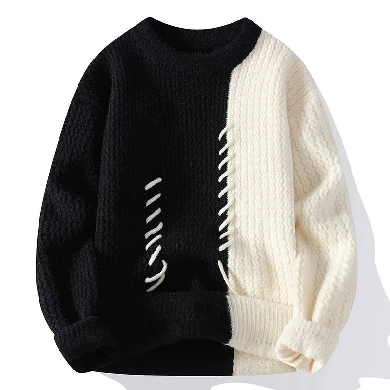 Outono inverno o-pescoço masculino camisola contraste cor lazer tendência moda engrossar pullovers quentes manga longa masculino topo de malha