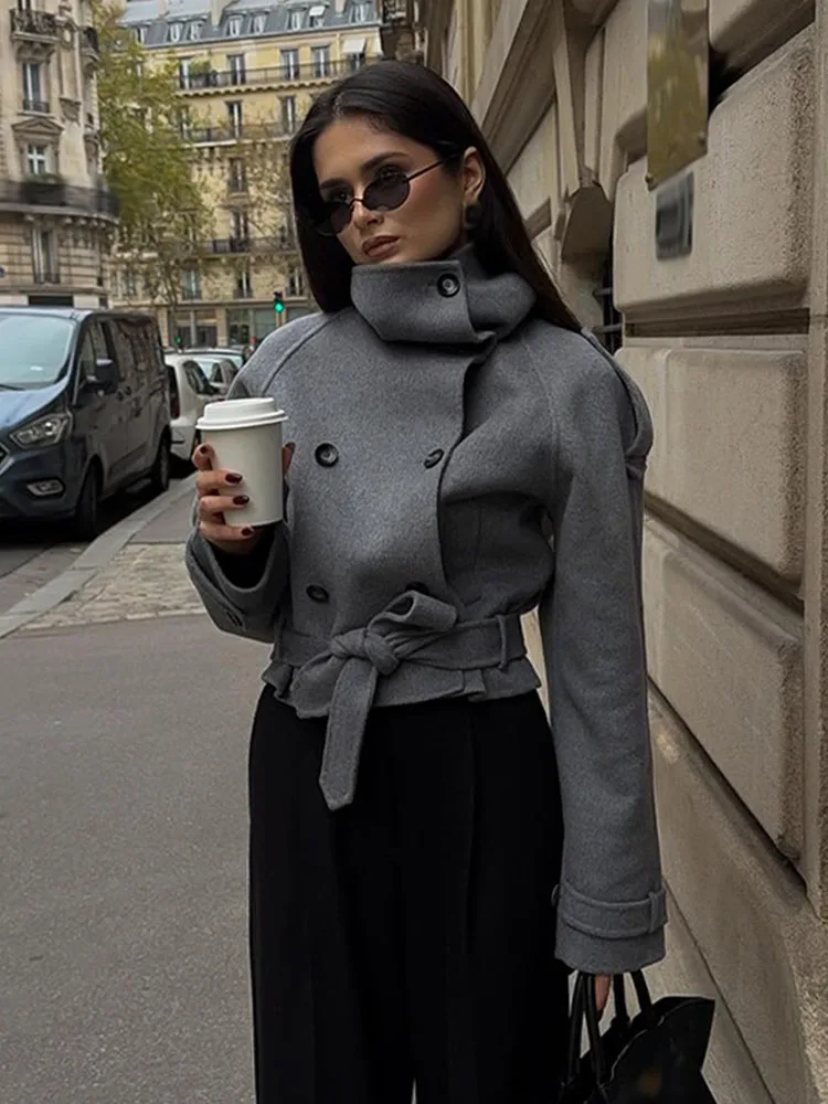 HH Woman Winter Fashion High Collar Long Sleeves Double Breasted Belt Short Coat Jacket Female Casual Versatile Commuting Jacket