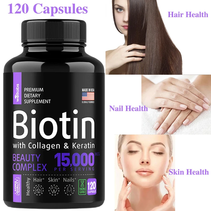 Super Strength Biotin Collagen Keratin –Hair Growth Vitamin – Nails & Skin, B1, B2, B6, B12 Complex Supplement for Men &Women