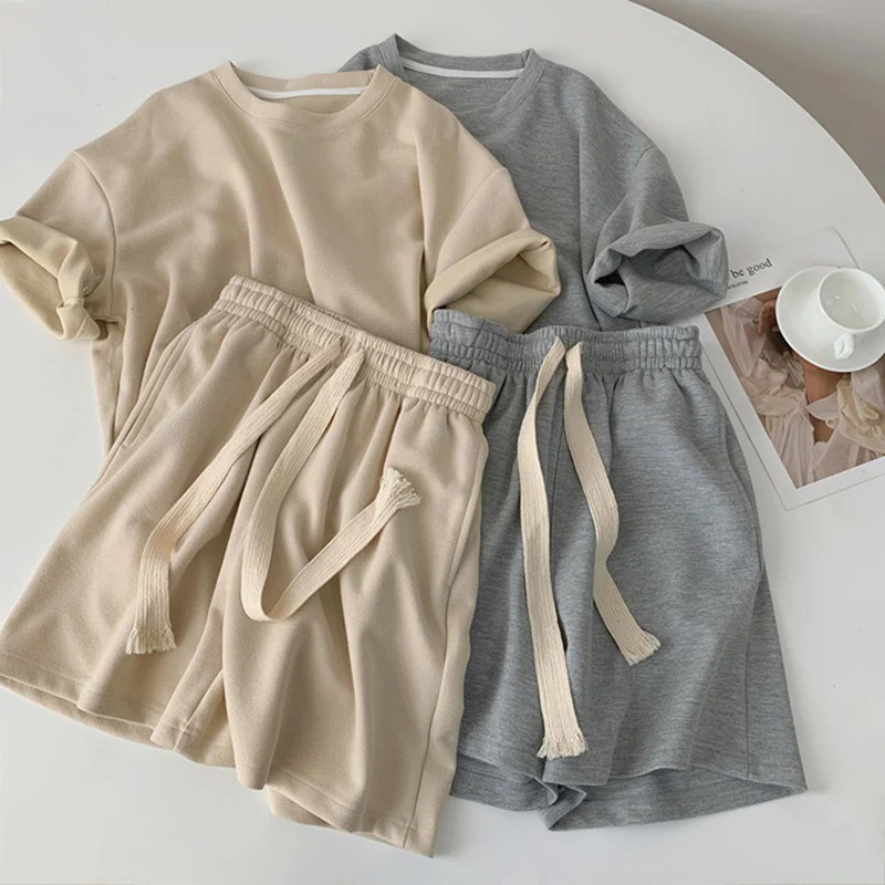 Short Sleeved T-shirt+Shorts 2Pcs Women\'s Clothing Set Korean New Solid Casual Female Sports Suit Summer Versatile Home Pajamas