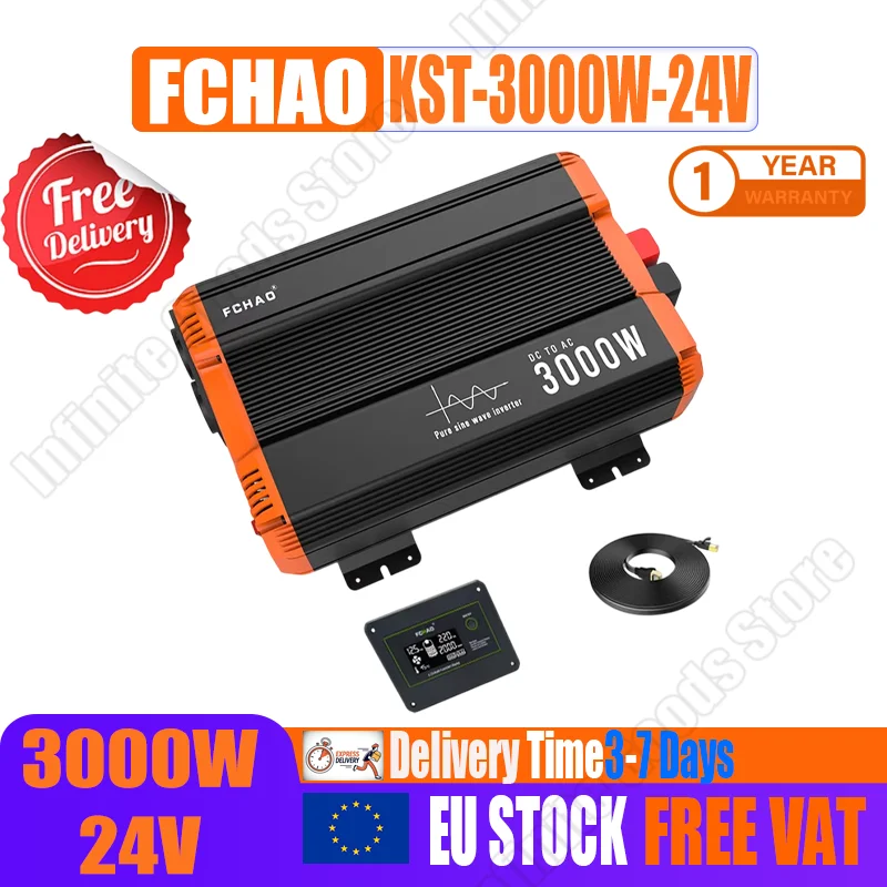 FCHAO. Convertisseur de puissance 3000 Watt 50Hz, prise EU, DC 24V vers AC 220V/230V, onde sinusoïdale pure, pour usage domestique, camping-car et voyages en extérieur