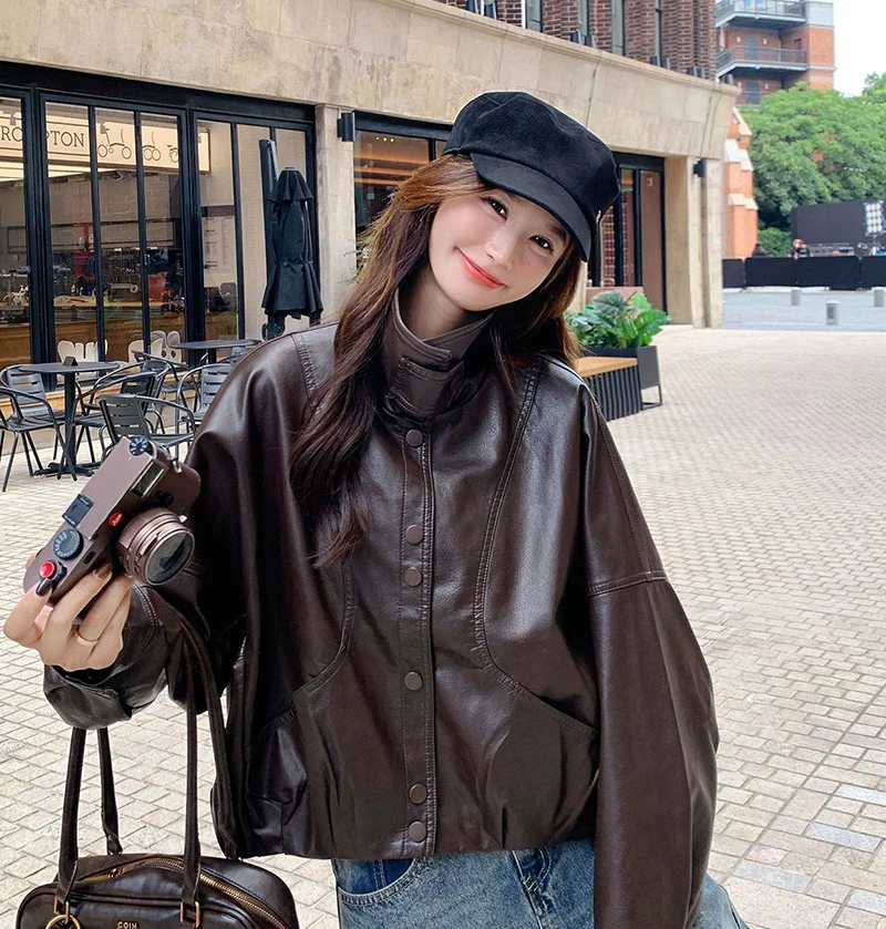 Women Faux Leather Jacket Stand Collar Snap Button Coat Oversized Drop Shoulder Bomber Y2K Retro Streetwear Autumn Outerwear Top
