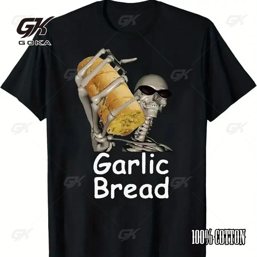 Funny Skeleton Holding Garlic Bread T-Shirt, Cool Sunglasses Skull Graphic Tops Food Humor Cotton Top, Unisex Short Sleeve