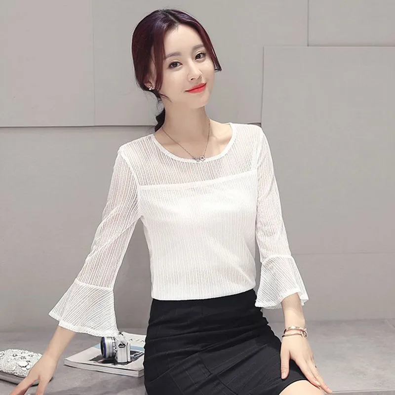 Elegant O-Neck Gauze Hollow Out Lace Flare Sleeve Blouse Women\'s Clothing 2023 Summer New Oversized Casual Pullovers Sweet Shirt