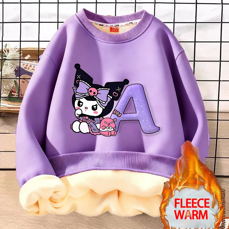 

Детские толстовки Kuromi для девочек и мальчиков, свитшот с героями мультфильмов аниме, детский зимний утепленный теплый пуловер, топы, одежда для малышей, подарок на день рождения