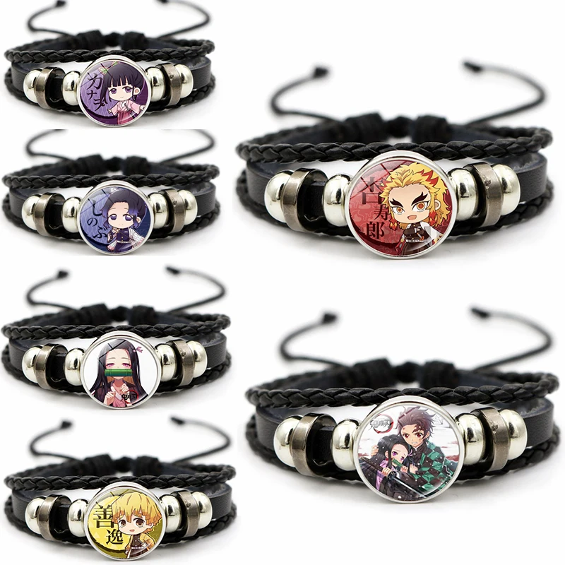 Demon Slayer Figures Bracelet Tanjiro Nidouzi Inosuke Zenizu Mini Action Figure Art Photo Charm Leather Bracelets for Fans Gift