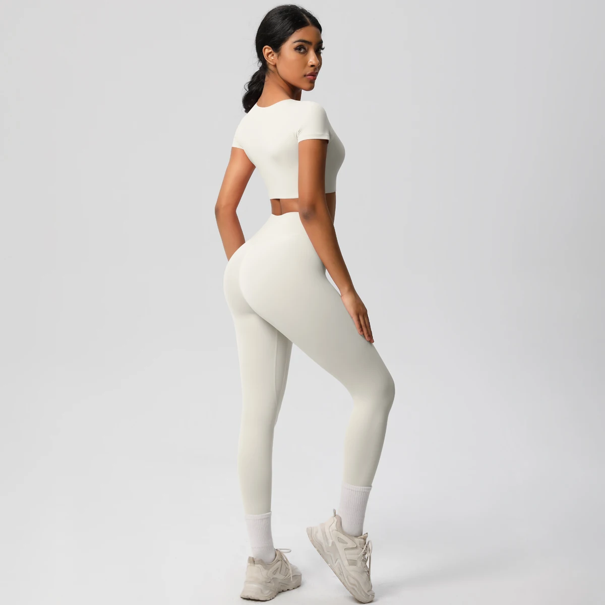 2Pcs Yoga Set Sports Suit Women Quick Drying Gym Clothes Workout Long Sleeve Sports Shirt  High Elastic Solid Color Leggings