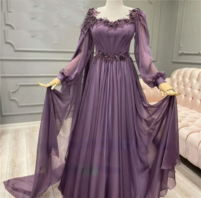 Elegant Dark Purple Silk Chiffon Prom Dresses Long Sleeves 3D Flowers Beads Saudi Arabic Women Formal Evening Gowns