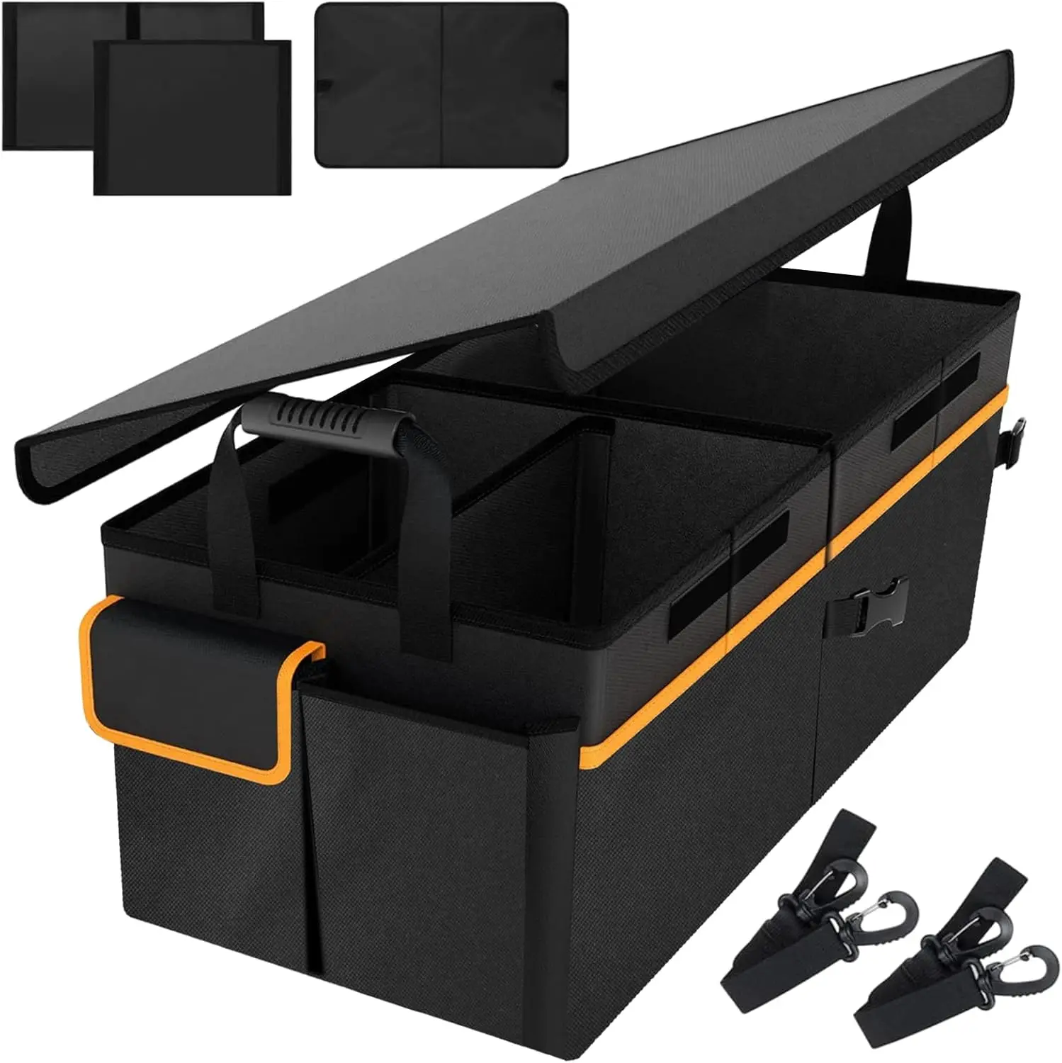 

Органайзер для багажника автомобиля объемом 95 литров с 2 крепежными ремнями и 2 съемными разделителями. | Складная крышка, подходит для внедорожников, седанов и грузовиков.