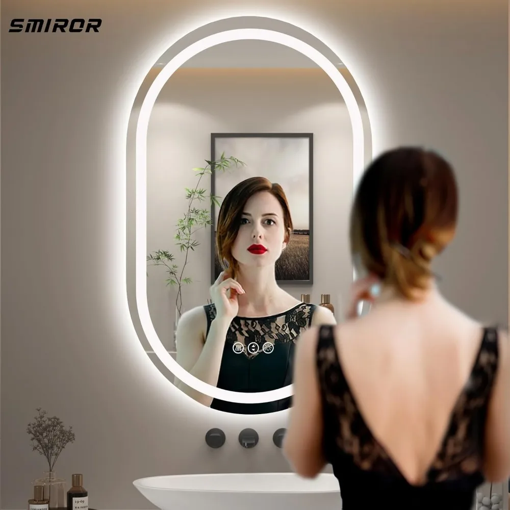 مرآة حمام SMIROR بيضاوية الشكل بإضاءة LED للجدار 24x36، مرآة مضيئة على شكل حبوب منع الحمل مع أضواء، إضاءة أمامية وإضاءة خلفية، 3 C #2