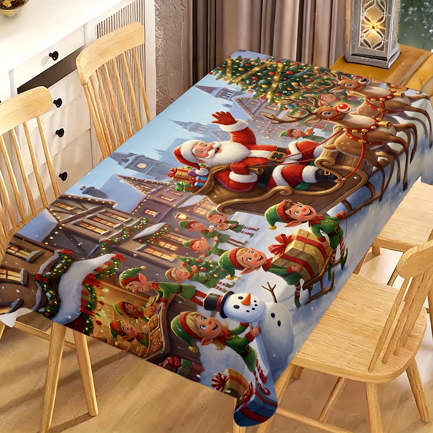1pc 2D Flat Tablecloth, Santa Sleigh Elves Christmas Town Snow Scene Printed Rectangle Tablecloth, Decor for Dining Table