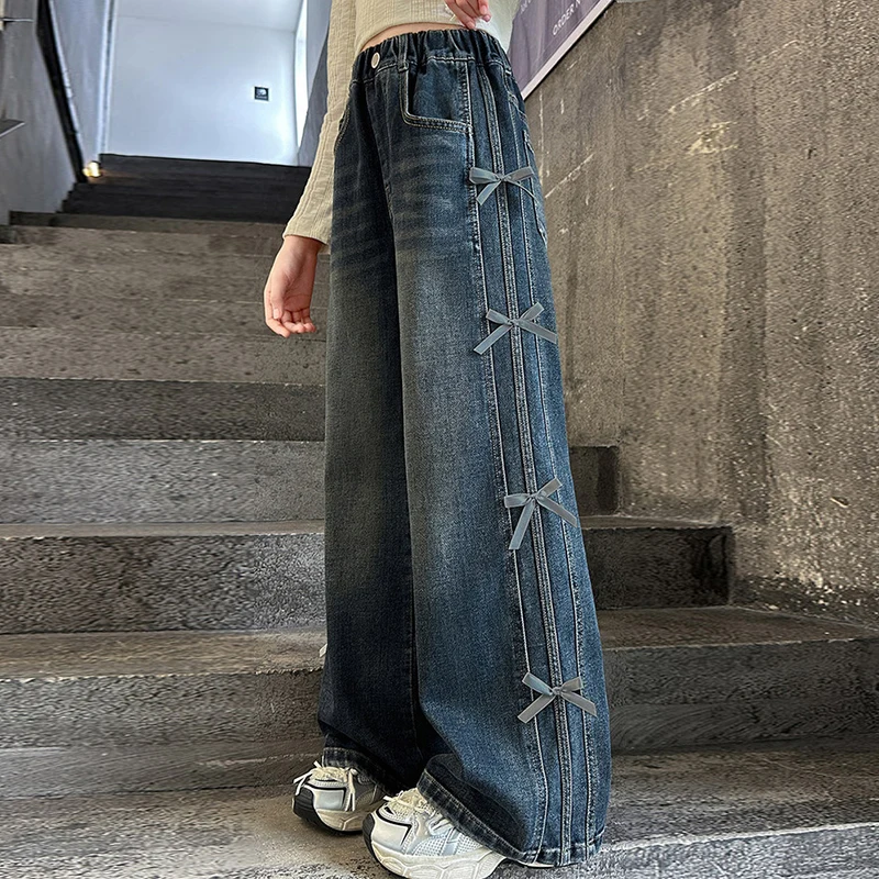 Jean épais et chaud de qualité pour filles, automne et hiver, avec motif de nœud papillon, 4-15 ans