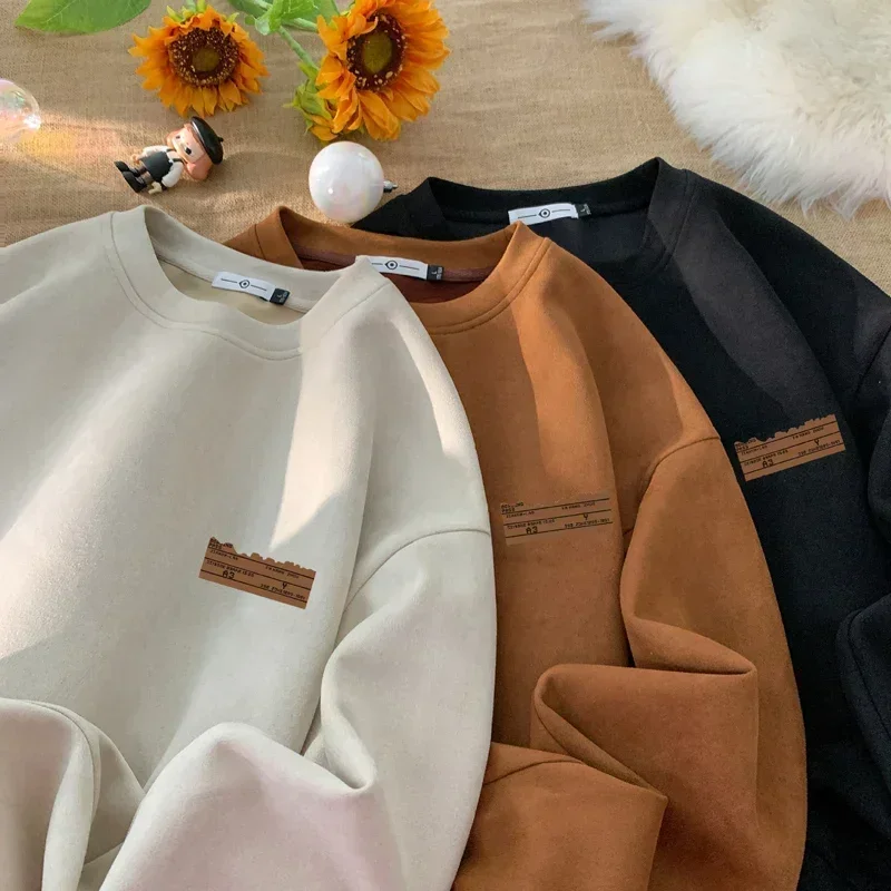 TFETTERS 2026 Suede Sweatshirt Mens Autumn Winter New Retro Japan Pullover Long Sleeve Letter Streetwear O Neck Clothes for Men