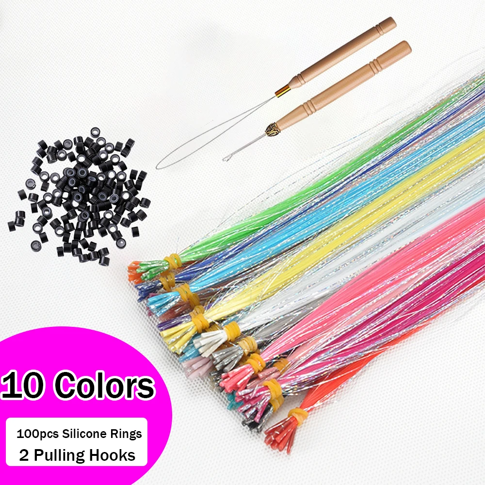 10pcs Shiny I-Tip Hair Extensions 20in with Hair Tinsel, High-Temp Synthetic Hair, DIY Festival Party Use + 100 Rings & 2 Hooks