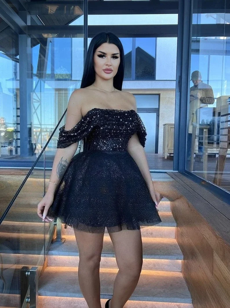 코르셋 반짝이 파티 블랙 칵테일 럭셔리 드레스 볼 가운 이브닝 드레스 도망자 드레스 짧은 웨딩 드레스