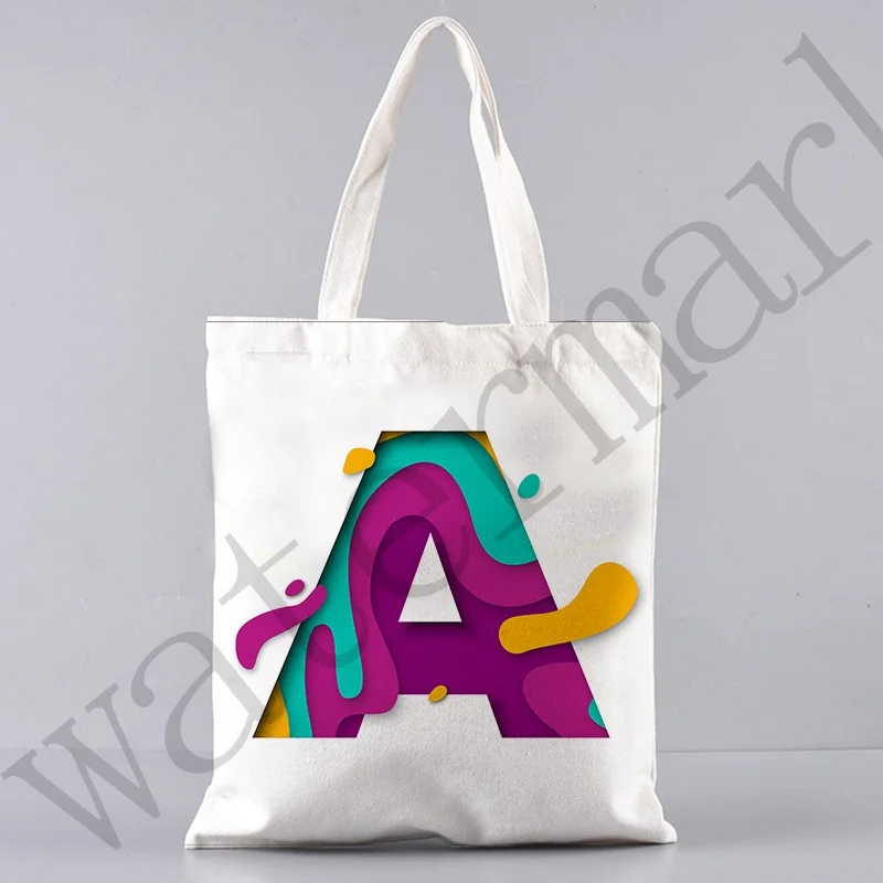 Aquarela alfabeto tote bolsa de lona feminina shoppers sacos de ombro grandes bolsas mercearia dobrável pacote de compras presentes das crianças