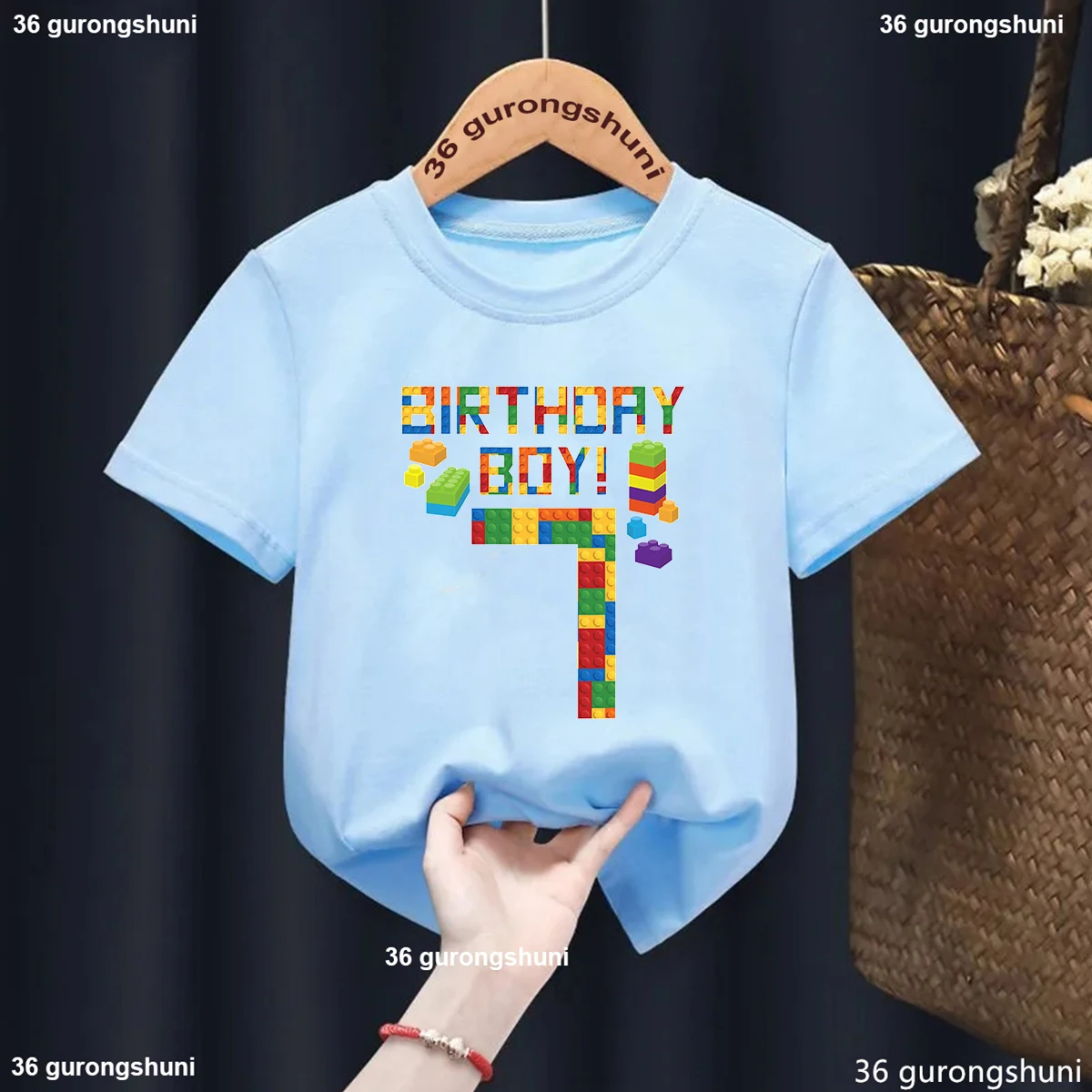 Blue Birthday Gift T Shirt For Girls/Boys Building Blocks 4th/5th/6th/7th/8th/9th Printed T Shirt Kawaii Kids Cothes T-Shirt