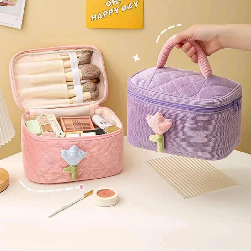 Cute Corduroy Makeup Storage Bag Portable Travel Cosmetic Tulip Pouch Toiletry Organizer Large Capacity Flower Pattern Bags