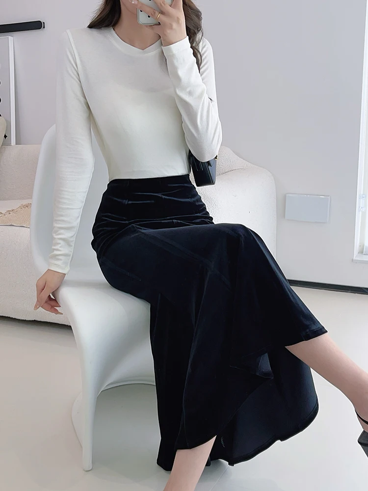 TIYIHAILEY - Damska spódnica welurowa z aksamitu, długa do połowy łydki, elastyczna talia, szyta na miarę XS-10XL, nowa, zimowa jesień, czarna, z polarową podszewką