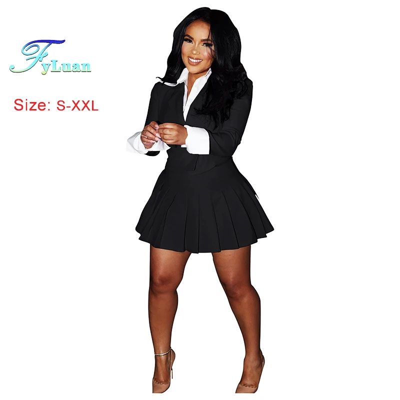 Nuove donne di colore solido minigonne a pieghe vestito elegante abito a maniche lunghe top cappotti una linea gonne pendolarismo femminile set a due pezzi