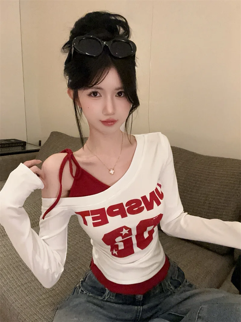 

Chic Korean Long Sve Early Autumn Jazz Dance Sexy Girl oulder Slanting Top Sli Base irt Cotton Polyester Fabric