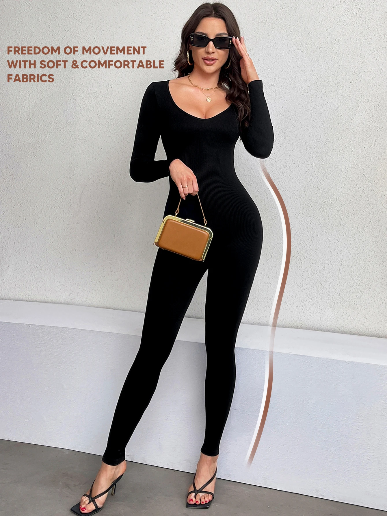 

Women Workout Seamless Jumpsuit Yoga Ribbed One Piece Long Sleeve Leggings Romper