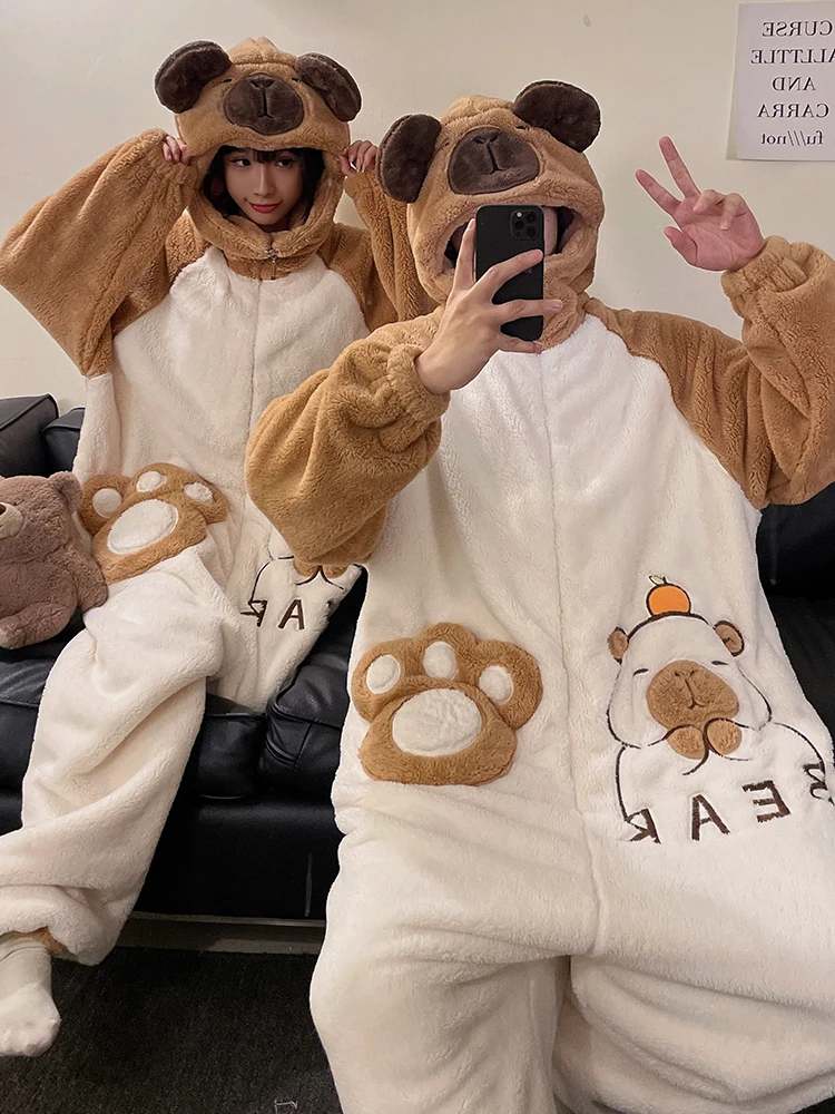 DAIMELU cartoon long sleeved sleepwear male pajamas set plus size winter coral fleece flannel hooded men's one-piece loungewear