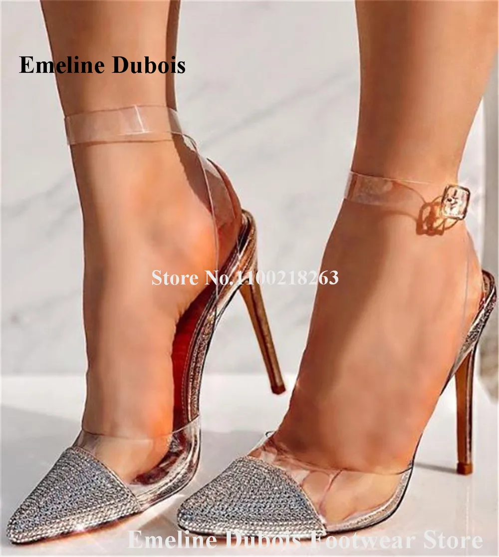 

Bling Bling Rhinestones PVC Pumps Emeline Dubois Crystals Toe Patchwork Transparent Straps Stiletto Heel Wedding Dress Shoes