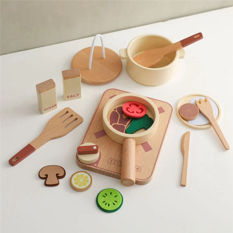 مجموعة مطبخ بيت اللعب للأطفال من Yd-Montessori، نموذج وعاء الخضروات الخشبي، مجموعة الطبخ الخشبية
