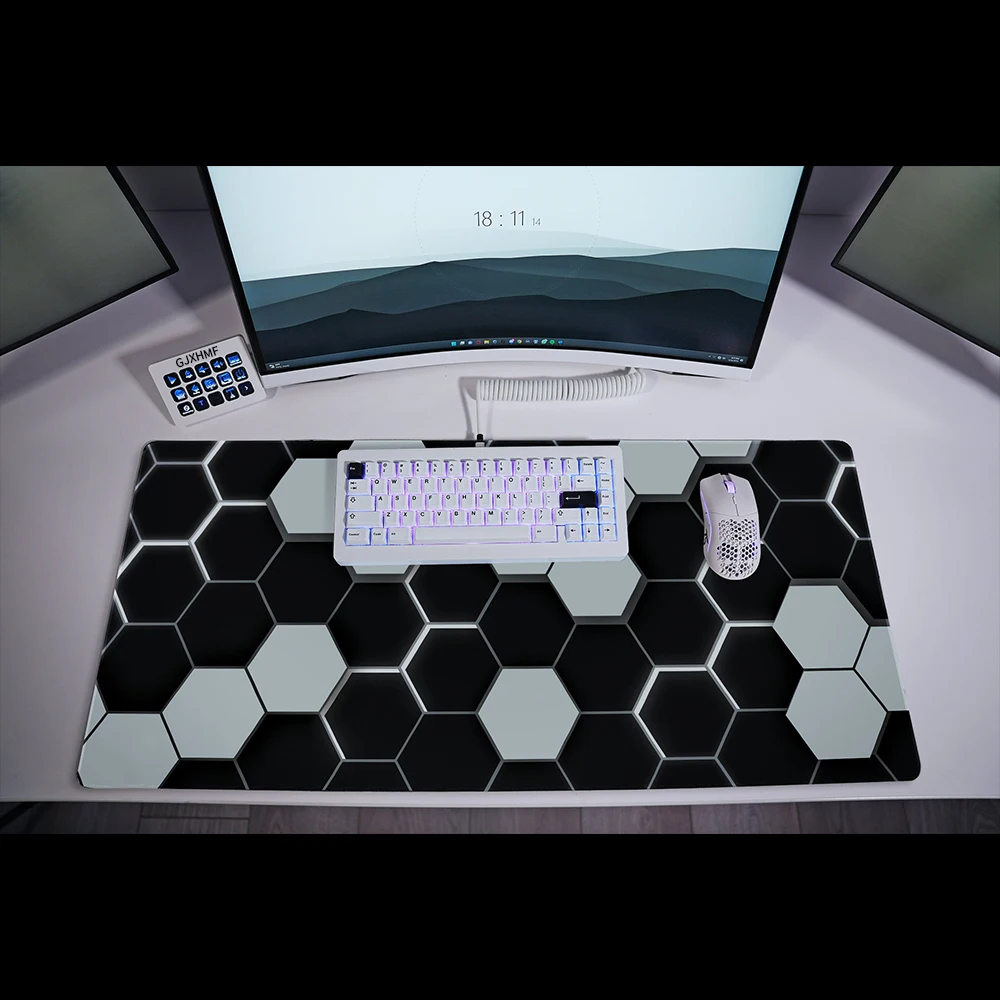 Black Mouse Pad -Hex White | 900x400/800x300 Deskmat  Stitched Edges  Nonslip Rubber Base  Machine Washable Speed and Control