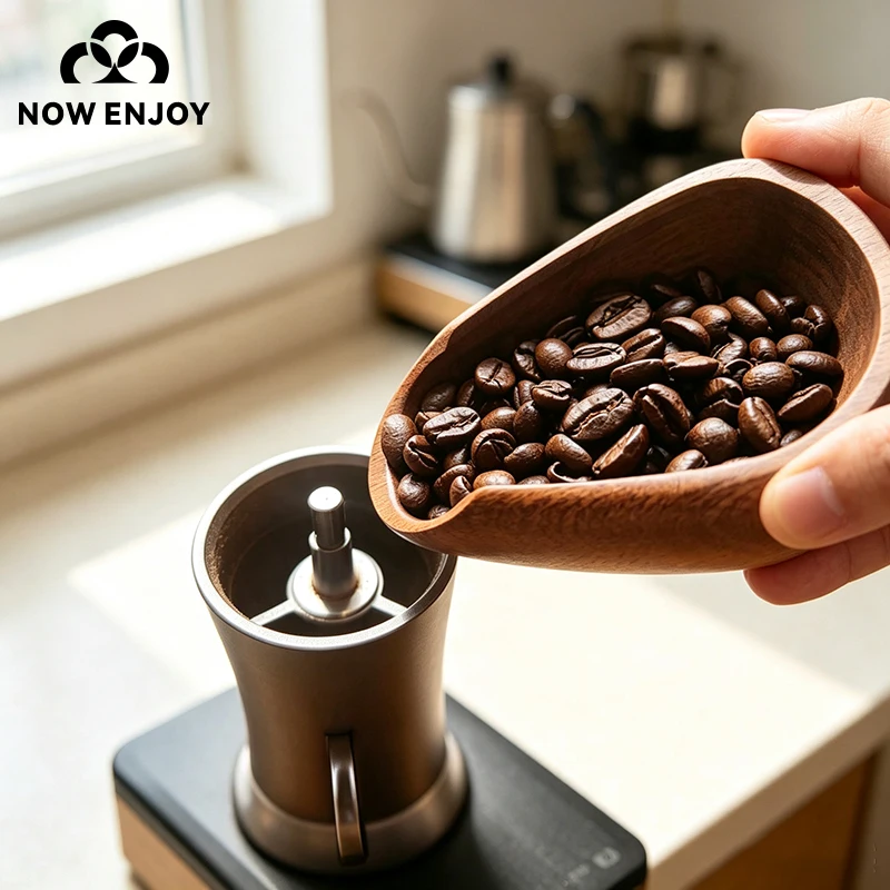 NOW ENJOY 2026 Wooden Coffee Bean Bowl Solid Wood Coffee Bean Measuring Container Espresso Dosing Cup Tea Leaf Display Tray