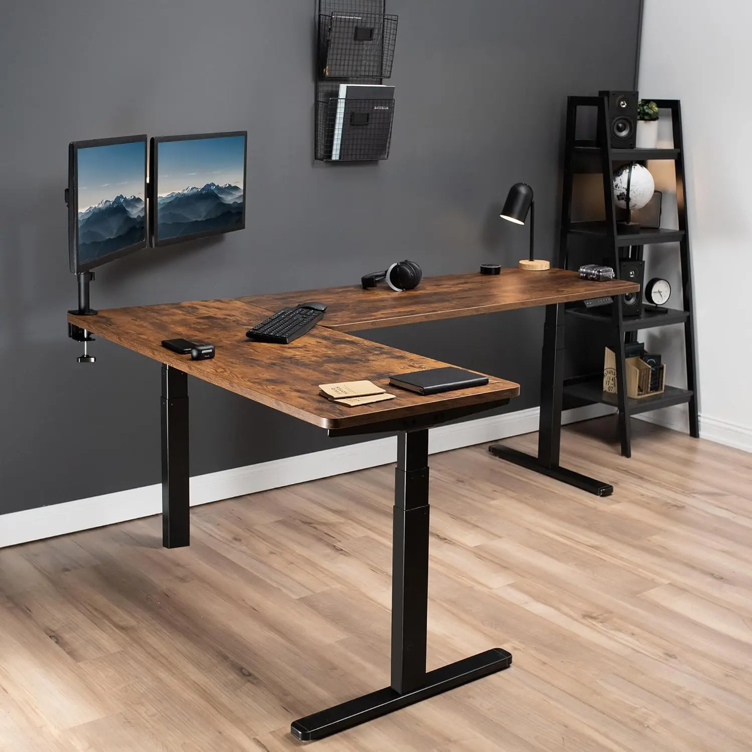 Electric Height Adjustable 83 x 60 inch Corner Stand Up Desk 2 Dark Walnut Solid Table Tops Black Frame Memory Controller