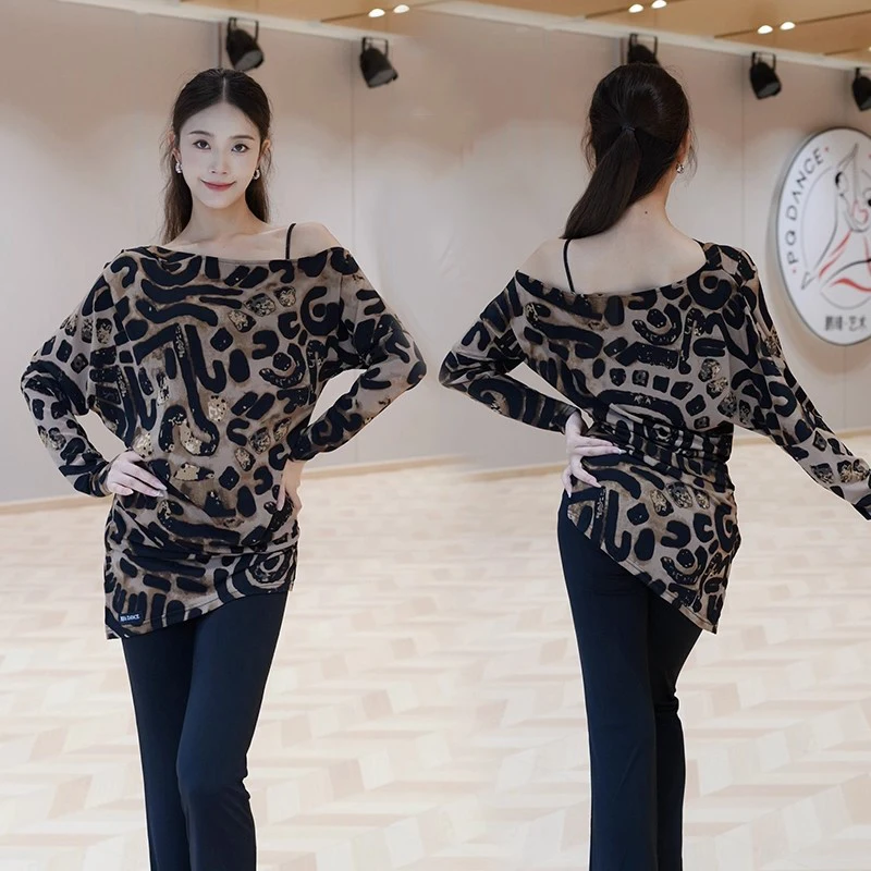 Trajes de dança latina ombro inclinado solto impressão para mulheres topos chacha tango samba dança prática treinamento uso diário dql12051